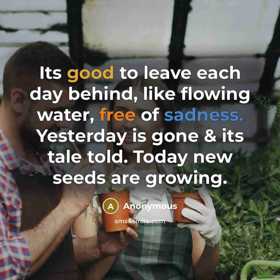 “Its good to leave each day behind, like flowing water, free of sadness. Yesterday is gone & its tale told. Today new seeds are growing.” quote by Anonymous