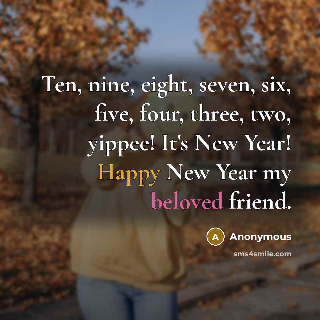 “Ten, nine, eight, seven, six, five, four, three, two, yippee! It's New Year! Happy New Year my beloved friend.” quote by Anonymous