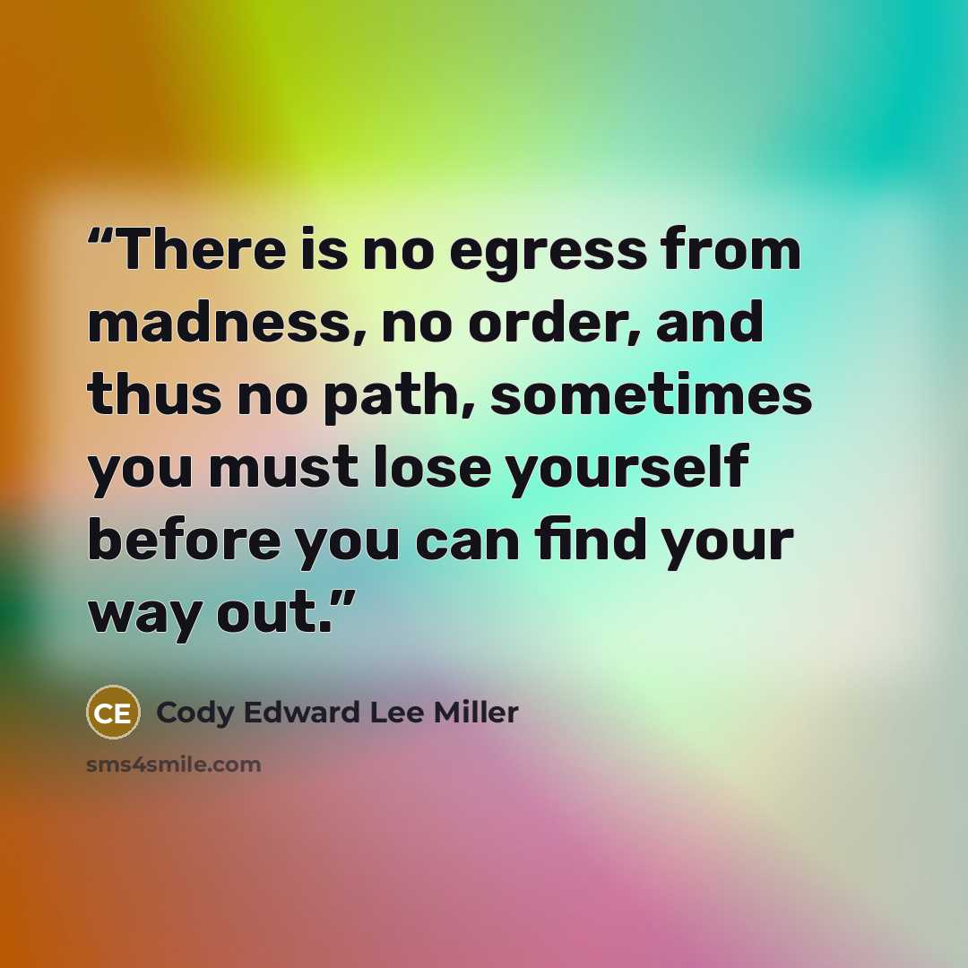 “There is no egress from madness, no order, and thus no path, sometimes you must lose yourself before you can find your way out.” quote by Cody Edward Lee Miller