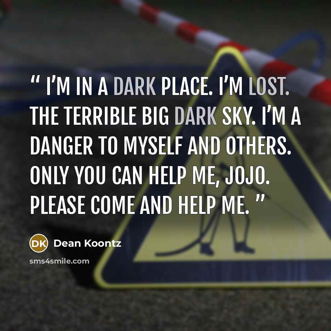 “I’m in a dark place. I’m lost. The terrible big dark sky. I’m a danger to myself and others. Only you can help me, Jojo. Please come and help me.” quote by Dean Koontz