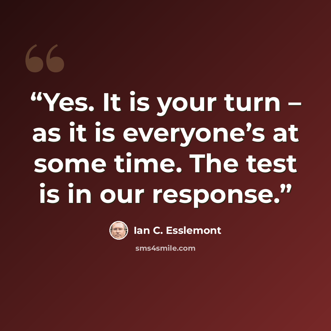“Yes. It is your turn – as it is everyone’s at some time. The test is in our response.” quote by Ian C. Esslemont