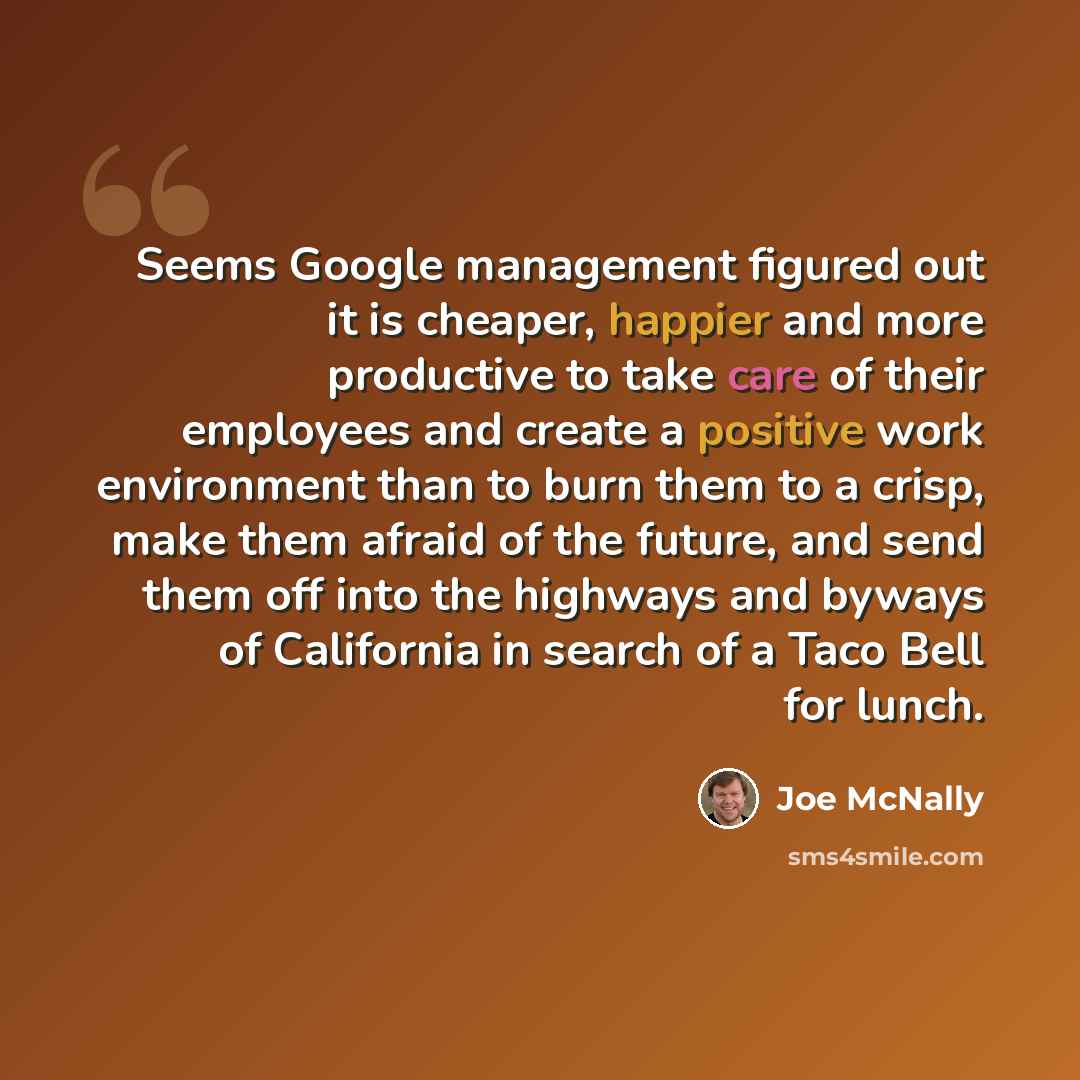 “Seems Google management figured out it is cheaper, happier and more productive to take care of their employees and create a positive work environment than to burn them to a crisp, make them afraid of the future, and send them off into the highways and byways of California in search of a Taco Bell…” quote by Joe McNally