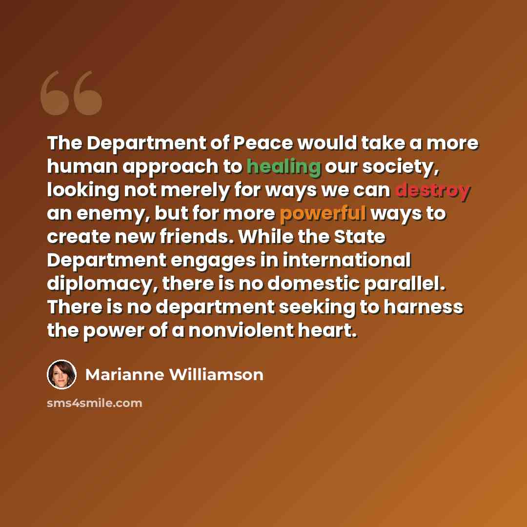 “The Department of Peace would take a more human approach to healing our society, looking not merely for ways we can destroy an enemy, but for more powerful ways to create new friends. While the State Department engages in international diplomacy, there is no domestic parallel. There is no…” quote by Marianne Williamson
