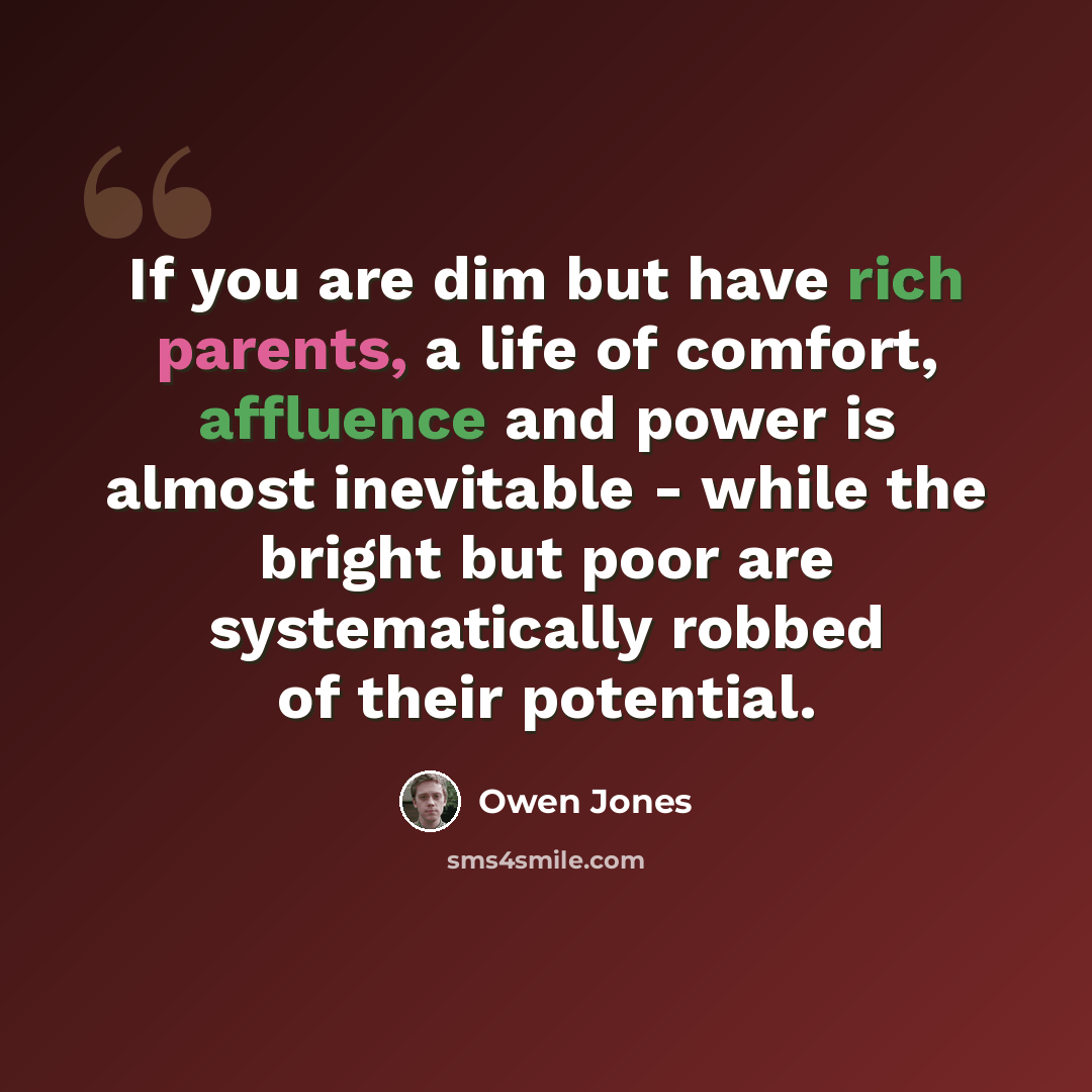 “If you are dim but have rich parents, a life of comfort, affluence and power is almost inevitable - while the bright but poor are systematically robbed of their potential.” quote by Owen Jones