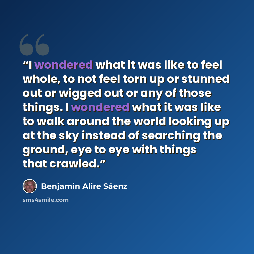 “I wondered what it was like to feel whole, to not feel torn up or stunned out or wigged out or any of those things. I wondered what it was like to walk around the world looking up at the sky instead of searching the ground, eye to eye with things that crawled.” quote by Benjamin Alire Sáenz
