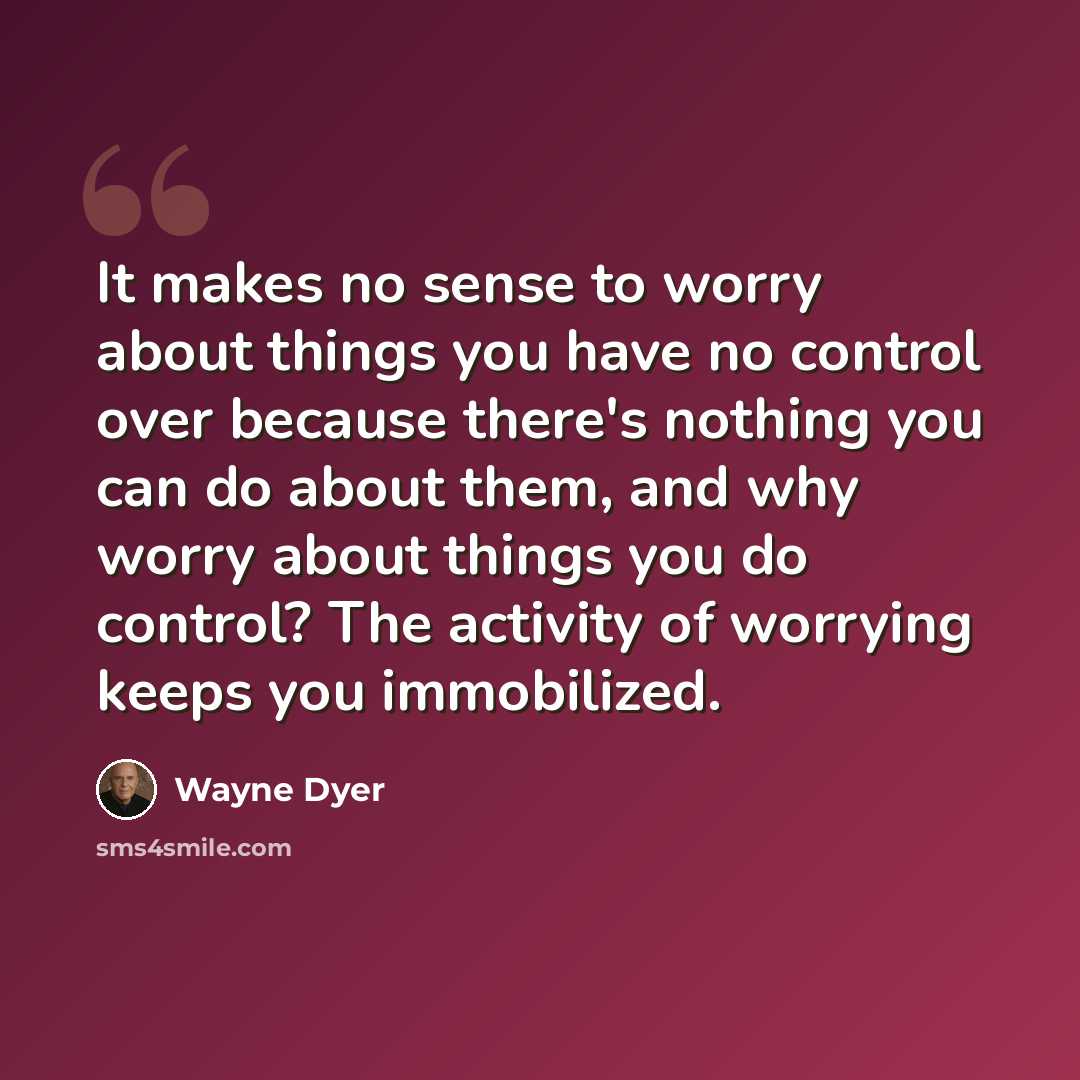 “It makes no sense to worry about things you have no control over because there's nothing you can do about them, and why worry about things you do control? The activity of worrying keeps you immobilized.” quote by Wayne Dyer