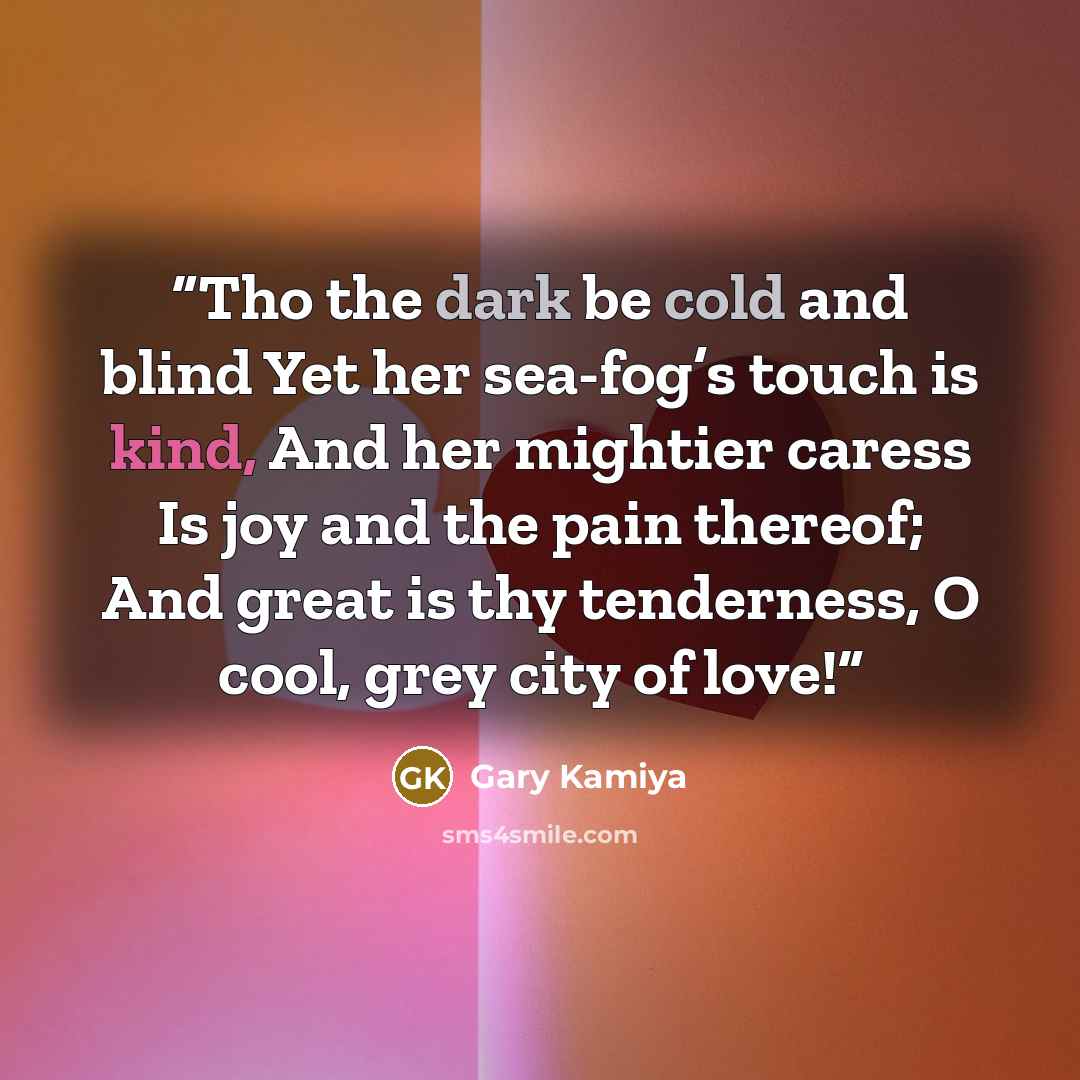 “Tho the dark be cold and blind Yet her sea-fog’s touch is kind, And her mightier caress Is joy and the pain thereof; And great is thy tenderness, O cool, grey city of love!” quote by Gary Kamiya
