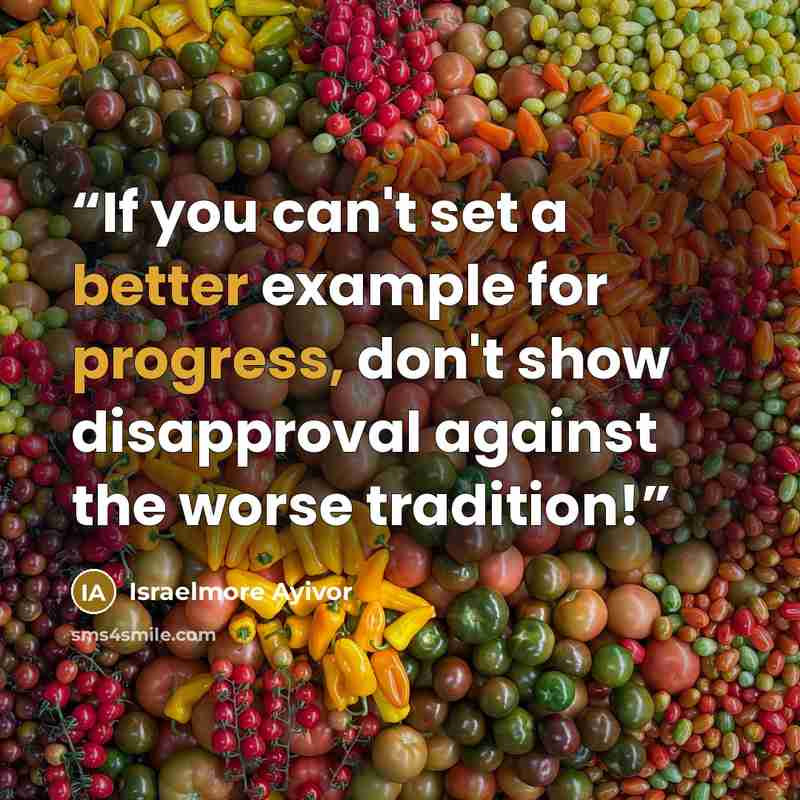 “If you can't set a better example for progress, don't show disapproval against the worse tradition!” quote by Israelmore Ayivor