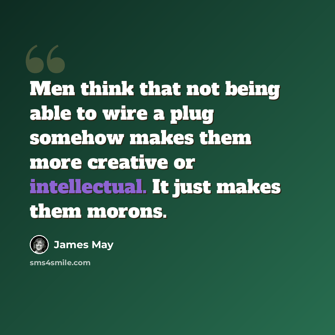 “Men think that not being able to wire a plug somehow makes them more creative or intellectual. It just makes them morons.” quote by James May