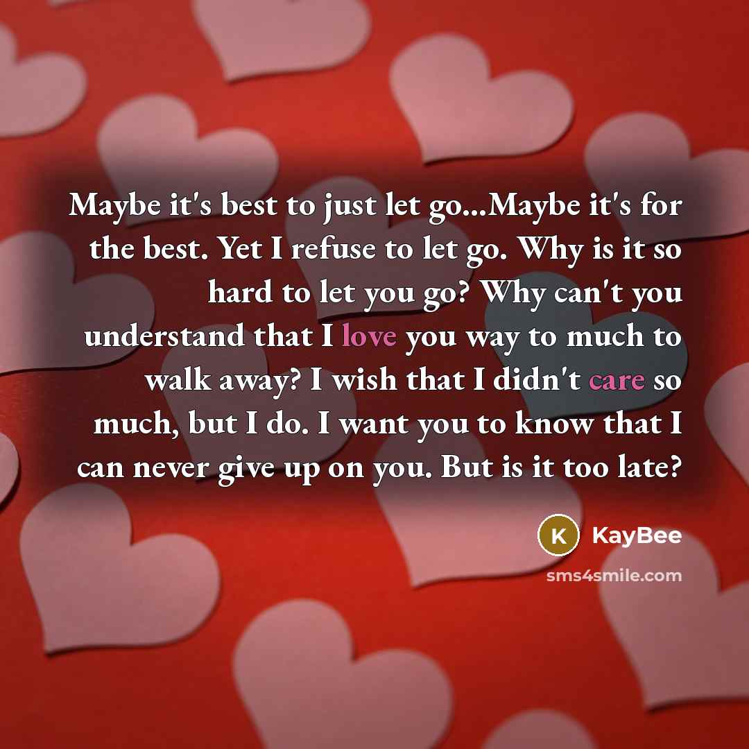 “Maybe it's best to just let go...Maybe it's for the best. Yet I refuse to let go. Why is it so hard to let you go? Why can't you understand that I love you way to much to walk away? I wish that I didn't care so much, but I do. I want you to know that I can never give up on you. But is it too late?” quote by KayBee