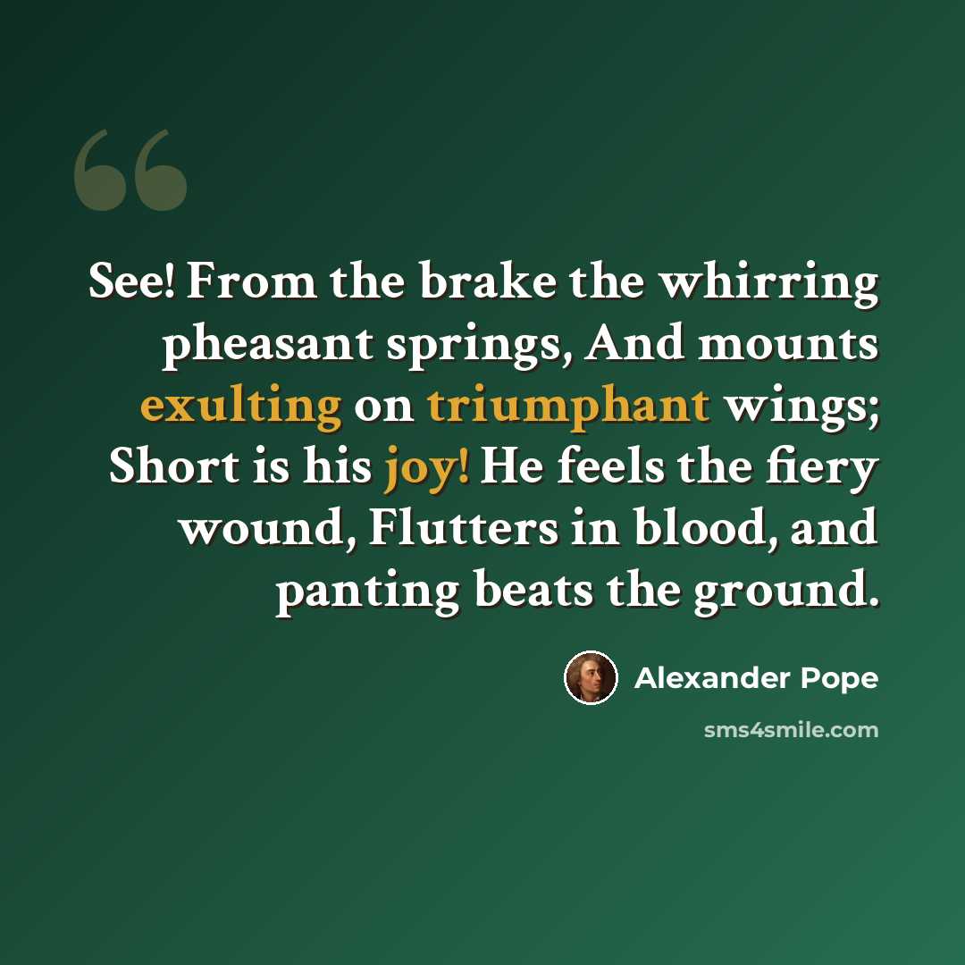 “See! From the brake the whirring pheasant springs, And mounts exulting on triumphant wings; Short is his joy! He feels the fiery wound, Flutters in blood, and panting beats the ground.” quote by Alexander Pope