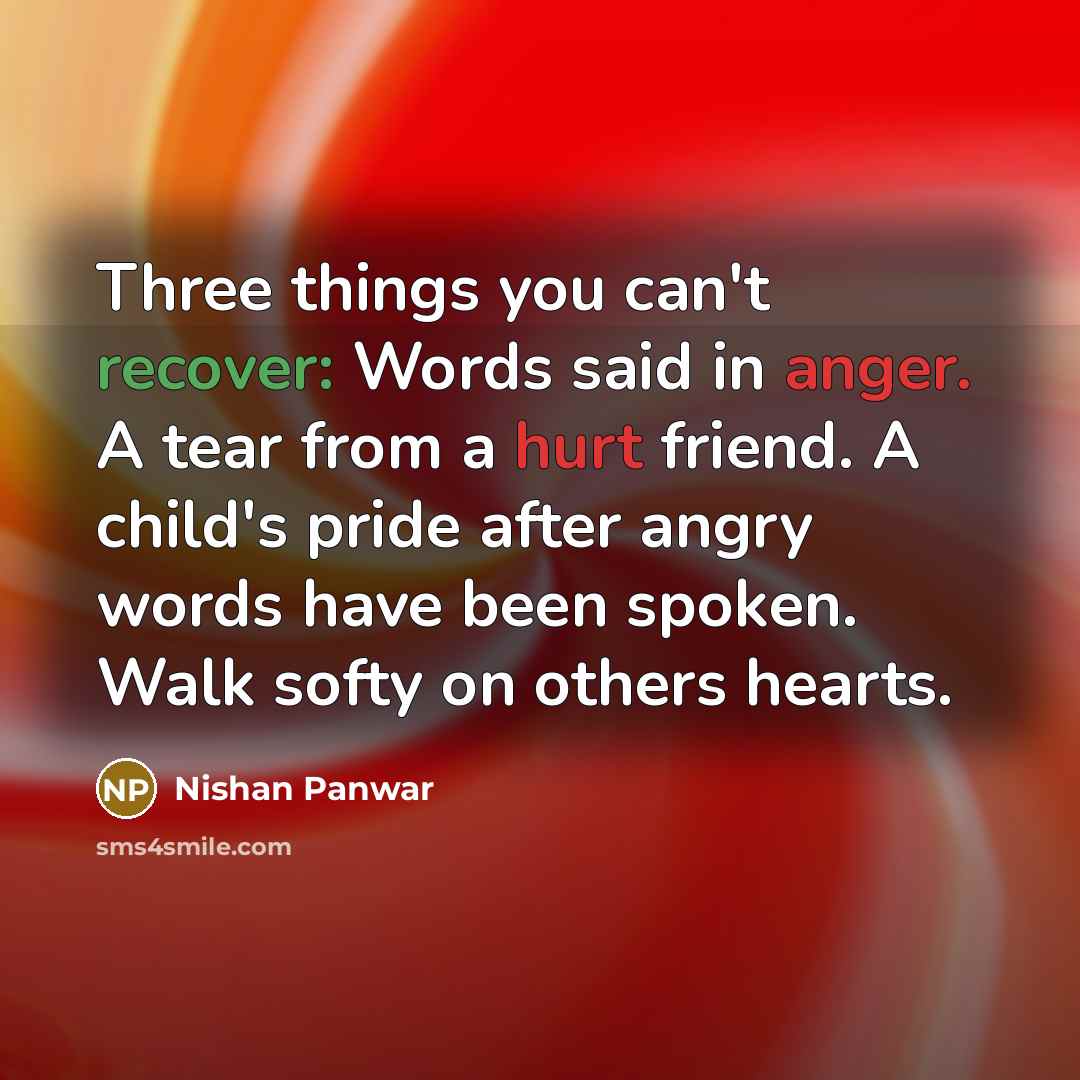 “Three things you can't recover: Words said in anger. A tear from a hurt friend. A child's pride after angry words have been spoken. Walk softy on others hearts.” quote by Nishan Panwar