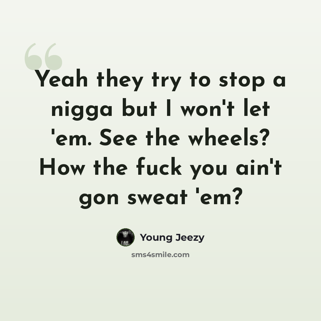 “Yeah they try to stop a nigga but I won't let 'em. See the wheels? How the fuck you ain't gon sweat 'em?” quote by Young Jeezy