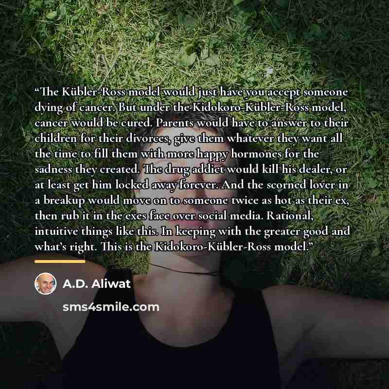 “The Kübler-Ross model would just have you accept someone dying of cancer. But under the Kidokoro-Kübler-Ross model, cancer would be cured. Parents would have to answer to their children for their divorces, give them whatever they want all the time to fill them with more happy hormones for the…” quote by A.D. Aliwat