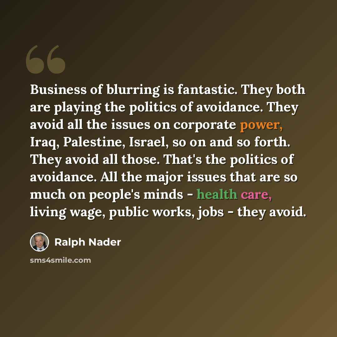 “Business of blurring is fantastic. They both are playing the politics of avoidance. They avoid all the issues on corporate power, Iraq, Palestine, Israel, so on and so forth. They avoid all those. That's the politics of avoidance. All the major issues that are so much on people's minds - health…” quote by Ralph Nader