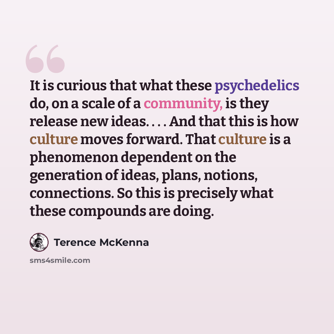 “It is curious that what these psychedelics do, on a scale of a community, is they release new ideas. . . . And that this is how culture moves forward. That culture is a phenomenon dependent on the generation of ideas, plans, notions, connections. So this is precisely what these compounds are doing.” quote by Terence McKenna