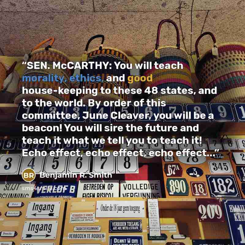 “SEN. McCARTHY: You will teach morality, ethics, and good house-keeping to these 48 states, and to the world. By order of this committee, June Cleaver, you will be a beacon! You will sire the future and teach it what we tell you to teach it! Echo effect, echo effect, echo effect...” quote by Benjamin R. Smith