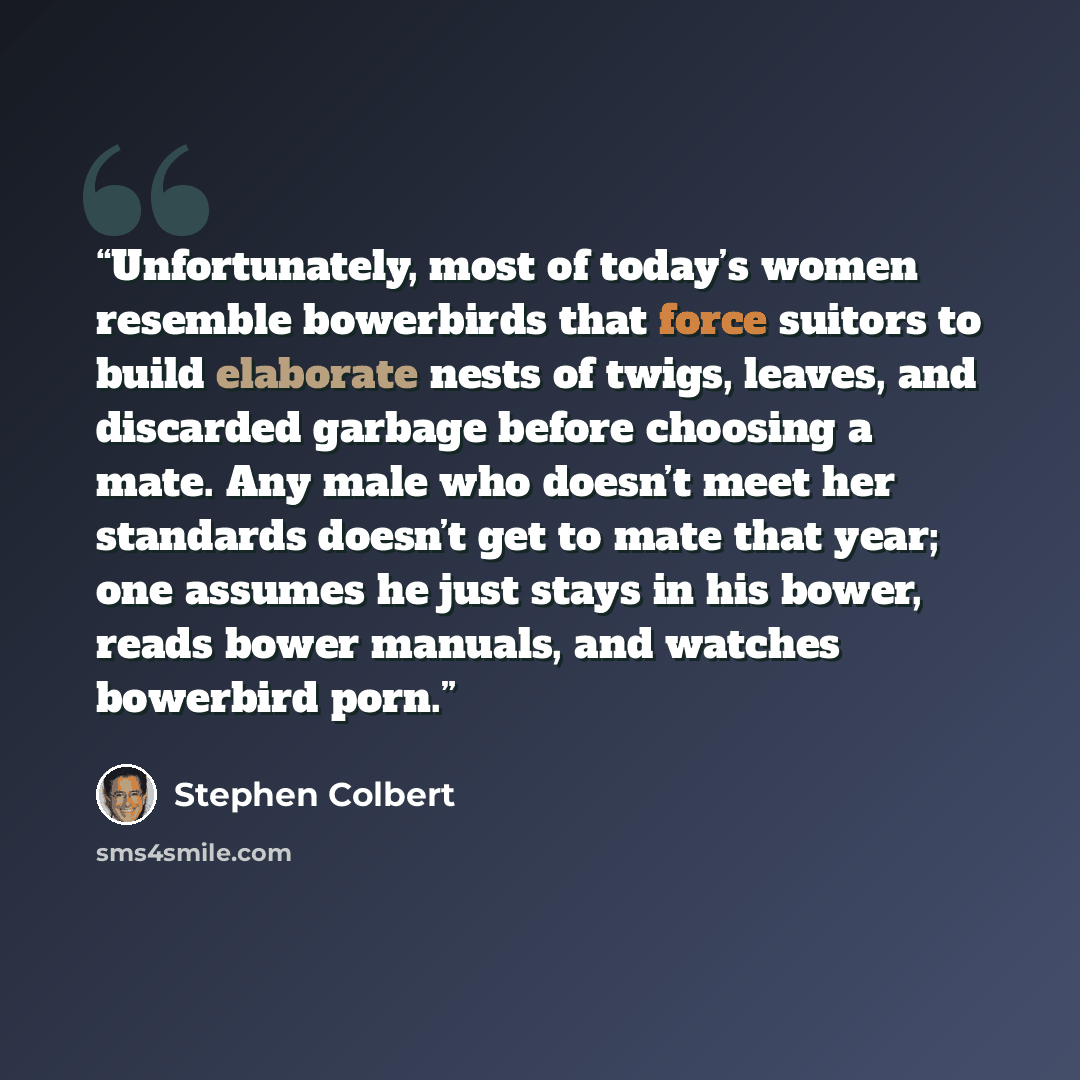 “Unfortunately, most of today’s women resemble bowerbirds that force suitors to build elaborate nests of twigs, leaves, and discarded garbage before choosing a mate. Any male who doesn’t meet her standards doesn’t get to mate that year; one assumes he just stays in his bower, reads bower manuals…” quote by Stephen Colbert