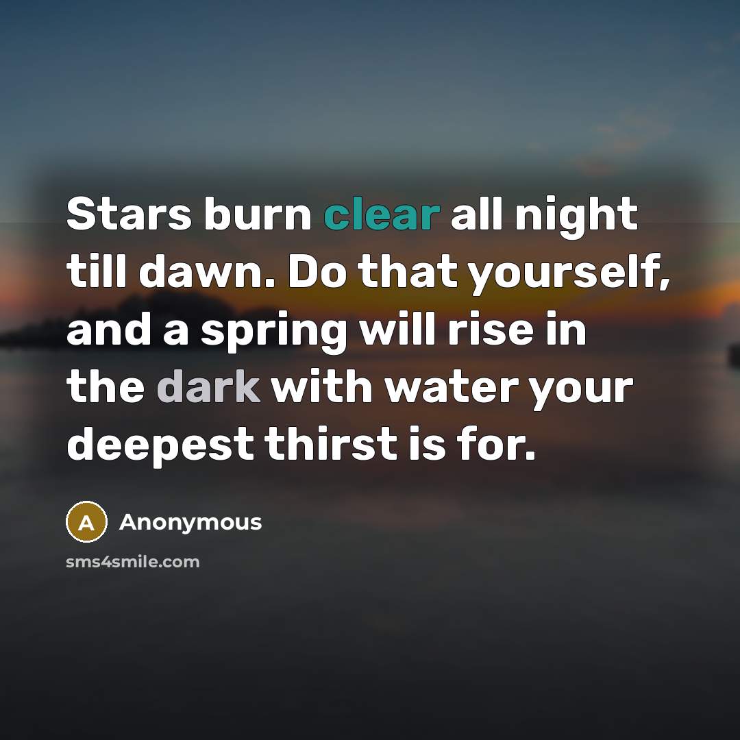 “Stars burn clear all night till dawn. Do that yourself, and a spring will rise in the dark with water your deepest thirst is for.” quote by Anonymous