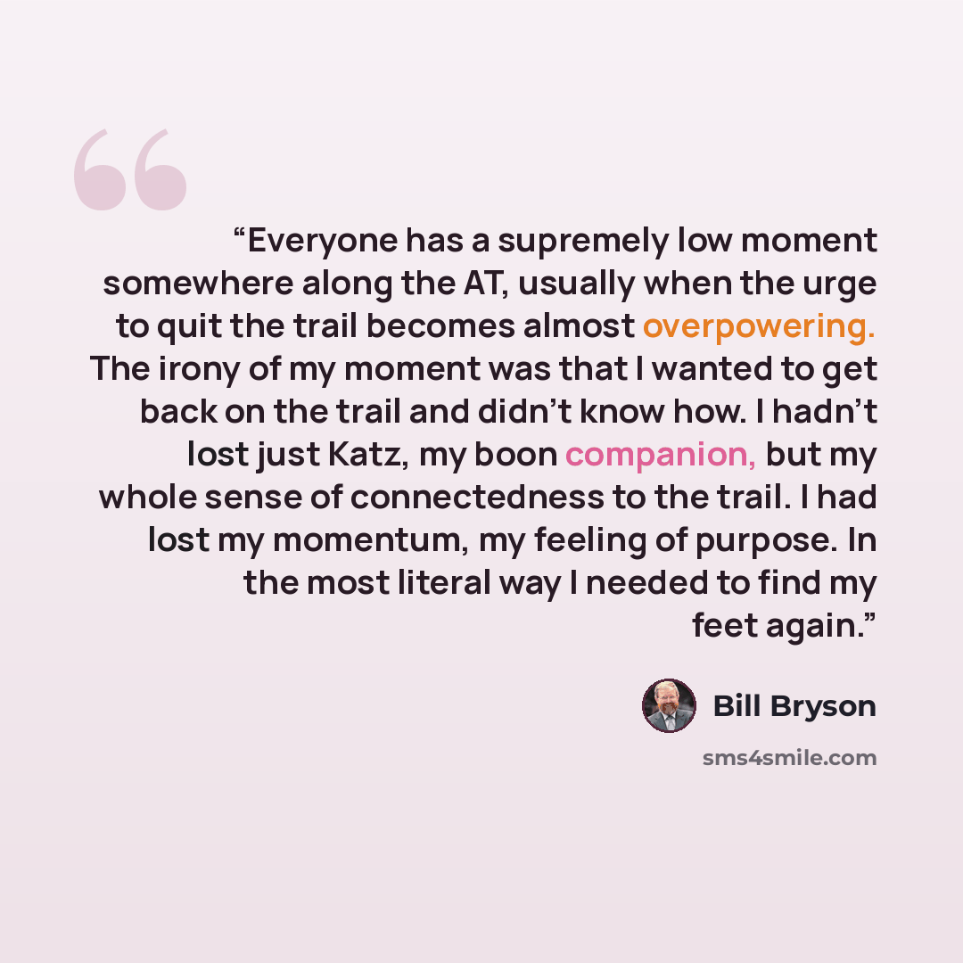 “Everyone has a supremely low moment somewhere along the AT, usually when the urge to quit the trail becomes almost overpowering. The irony of my moment was that I wanted to get back on the trail and didn't know how. I hadn't lost just Katz, my boon companion, but my whole sense of connectedness to…” quote by Bill Bryson