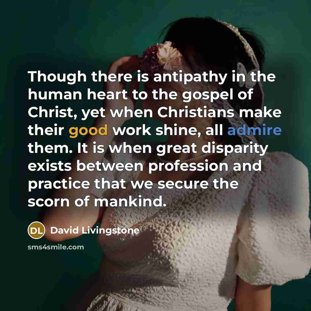 “Though there is antipathy in the human heart to the gospel of Christ, yet when Christians make their good work shine, all admire them. It is when great disparity exists between profession and practice that we secure the scorn of mankind.” quote by David Livingstone