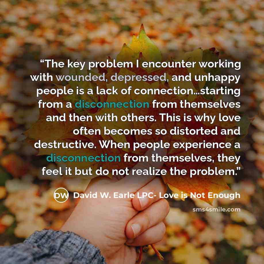 “The key problem I encounter working with wounded, depressed, and unhappy people is a lack of connection…starting from a disconnection from themselves and then with others. This is why love often becomes so distorted and destructive. When people experience a disconnection from themselves, they feel…” quote by David W. Earle LPC- Love is Not Enough
