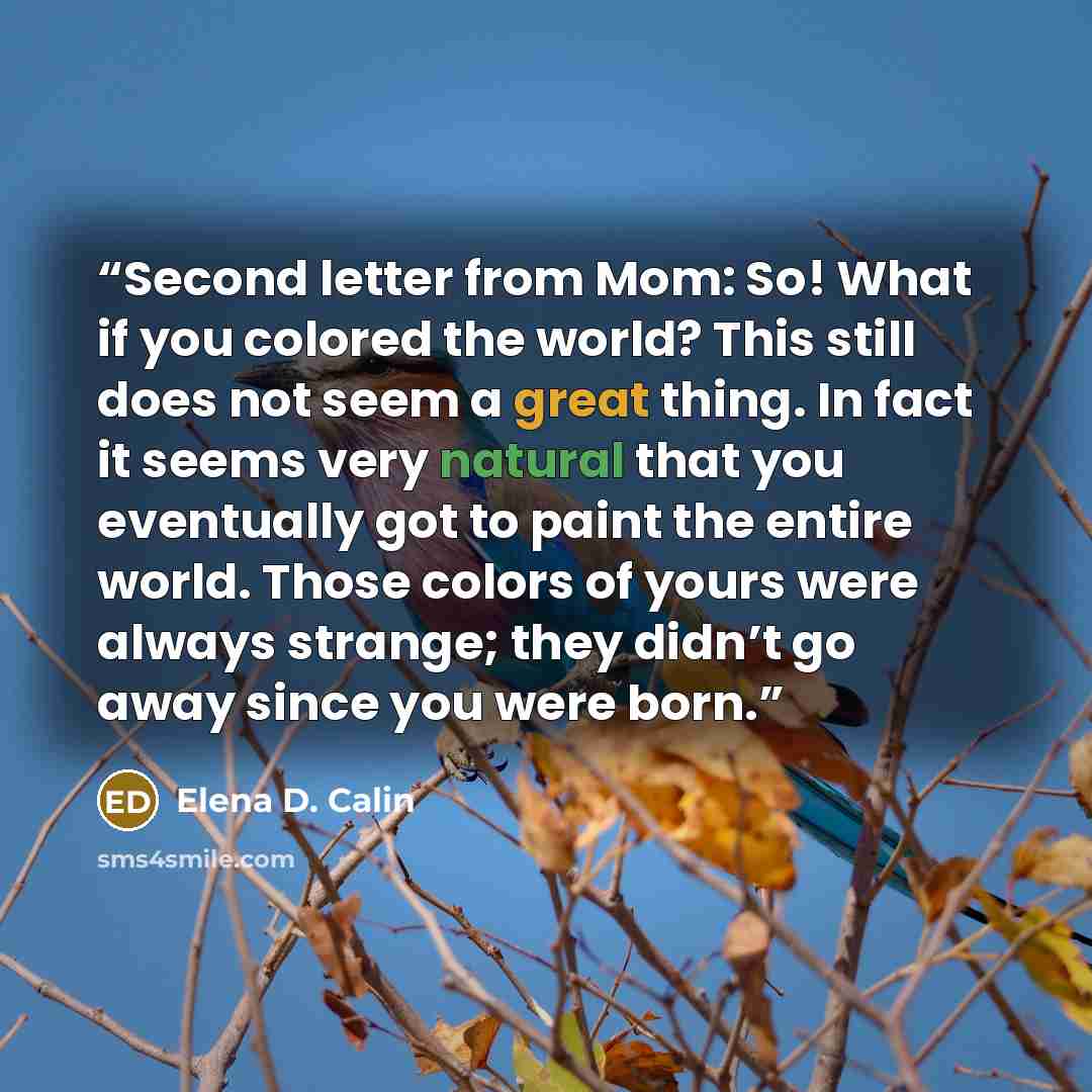 “Second letter from Mom: So! What if you colored the world? This still does not seem a great thing. In fact it seems very natural that you eventually got to paint the entire world. Those colors of yours were always strange; they didn’t go away since you were born.” quote by Elena D. Calin