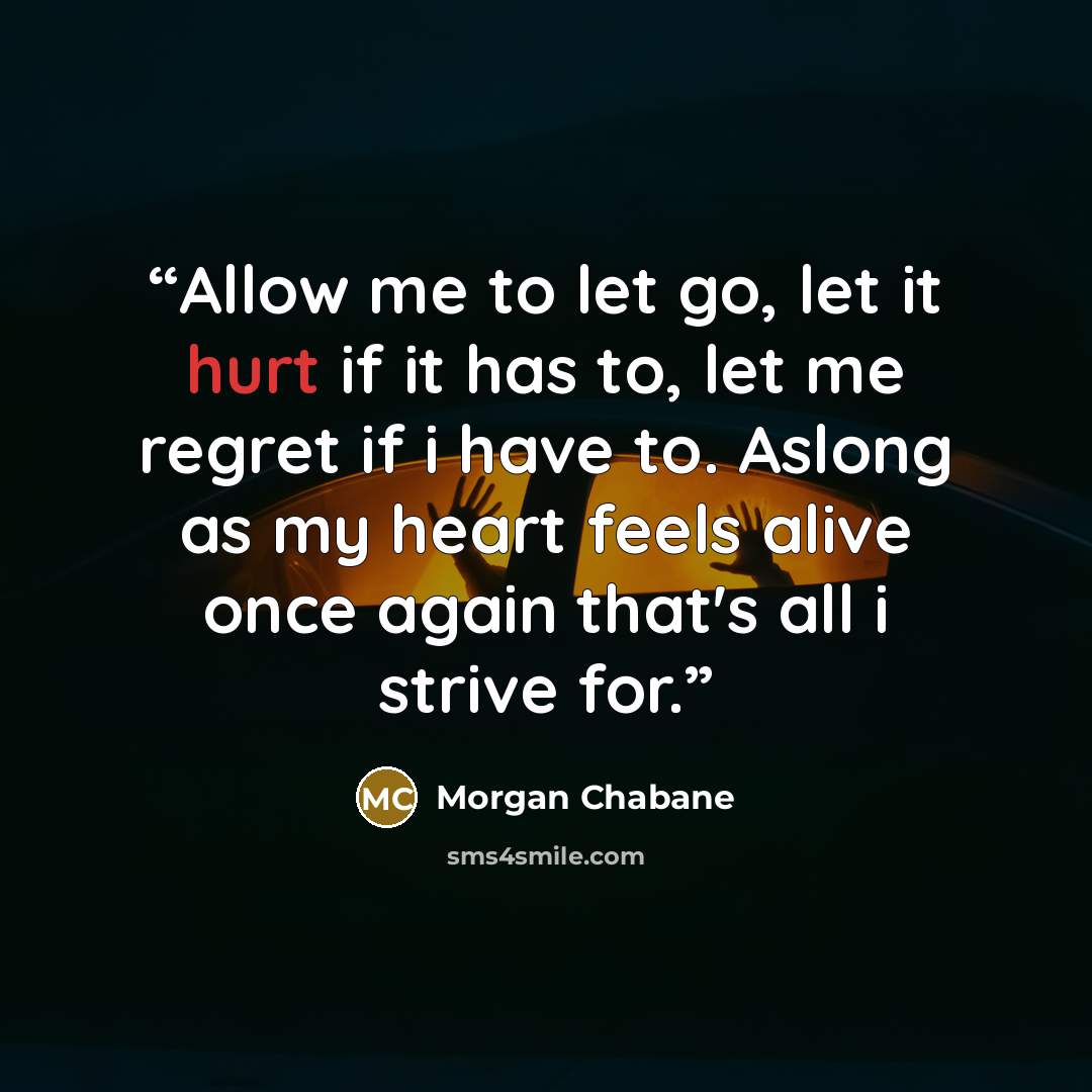 “Allow me to let go, let it hurt if it has to, let me regret if i have to. Aslong as my heart feels alive once again that's all i strive for.” quote by Morgan Chabane