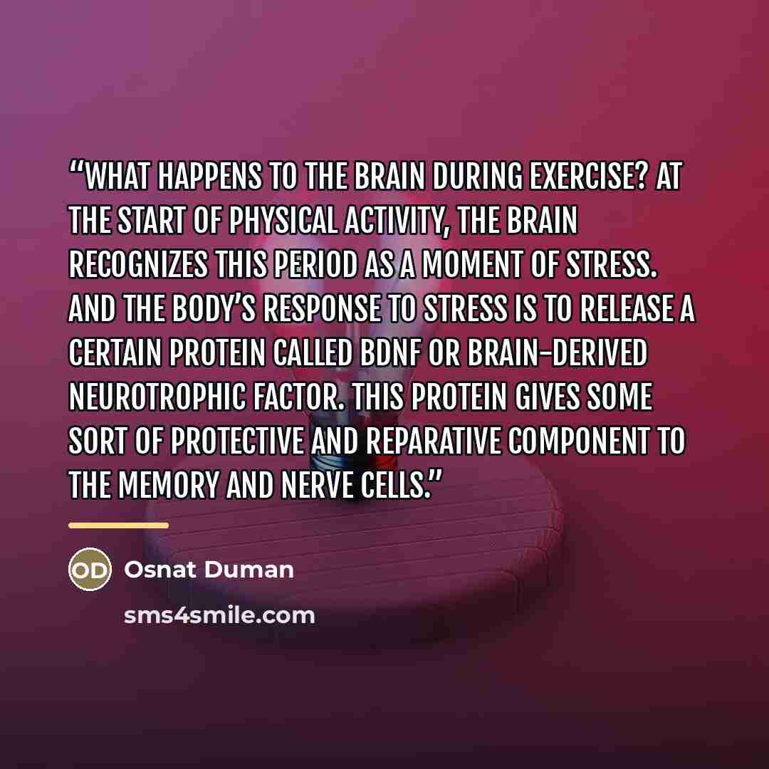 “What happens to the brain during exercise? At the start of physical activity, the brain recognizes this period as a moment of stress. And the body’s response to stress is to release a certain protein called BDNF or Brain-Derived Neurotrophic Factor. This protein gives some sort of protective and…” quote by Osnat Duman