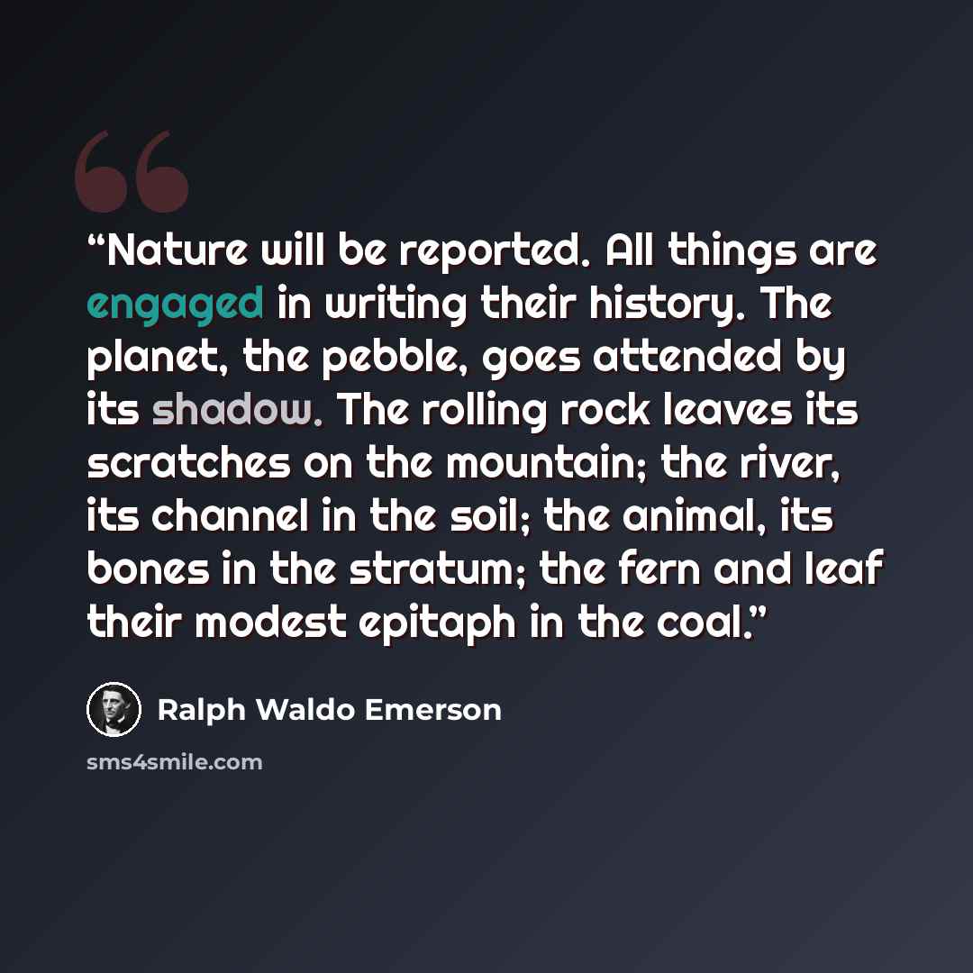 “Nature will be reported. All things are engaged in writing their history. The planet, the pebble, goes attended by its shadow. The rolling rock leaves its scratches on the mountain; the river, its channel in the soil; the animal, its bones in the stratum; the fern and leaf their modest epitaph in…” quote by Ralph Waldo Emerson