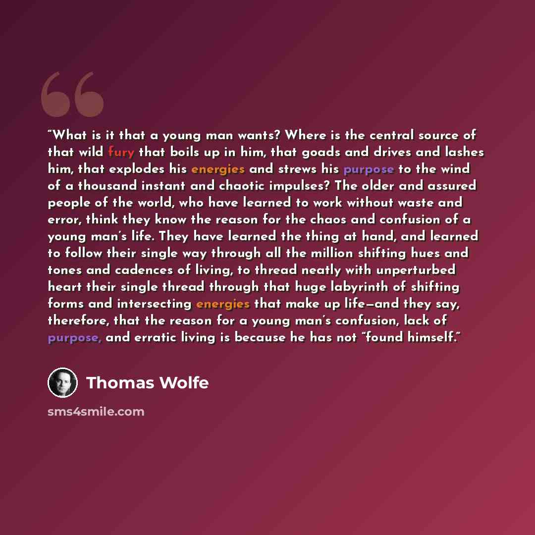 “What is it that a young man wants? Where is the central source of that wild fury that boils up in him, that goads and drives and lashes him, that explodes his energies and strews his purpose to the wind of a thousand instant and chaotic impulses? The older and assured people of the world, who have…” quote by Thomas Wolfe