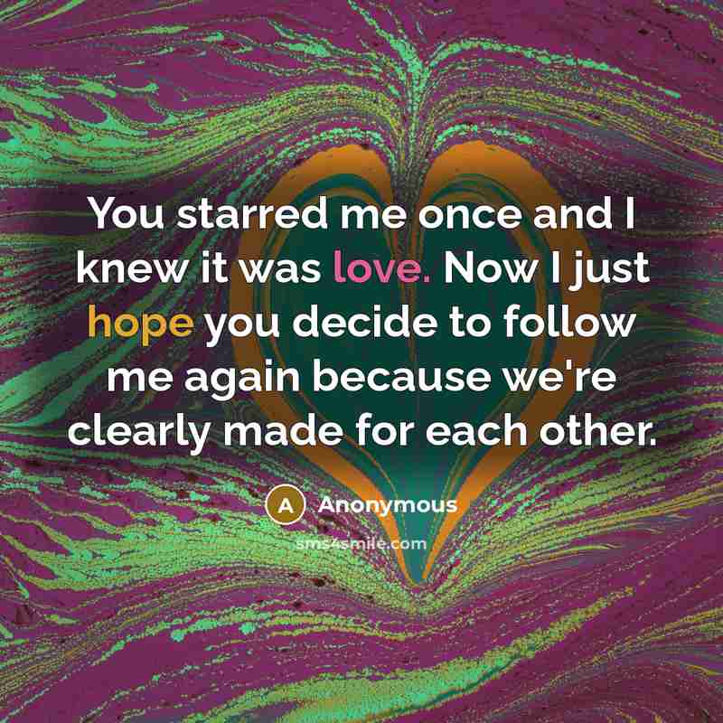 “You starred me once and I knew it was love. Now I just hope you decide to follow me again because we're clearly made for each other.” quote by Anonymous