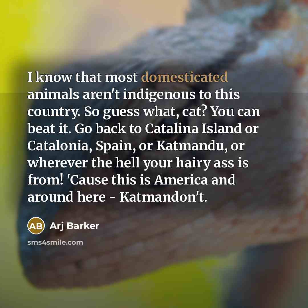 “I know that most domesticated animals aren't indigenous to this country. So guess what, cat? You can beat it. Go back to Catalina Island or Catalonia, Spain, or Katmandu, or wherever the hell your hairy ass is from! 'Cause this is America and around here - Katmandon't.” quote by Arj Barker