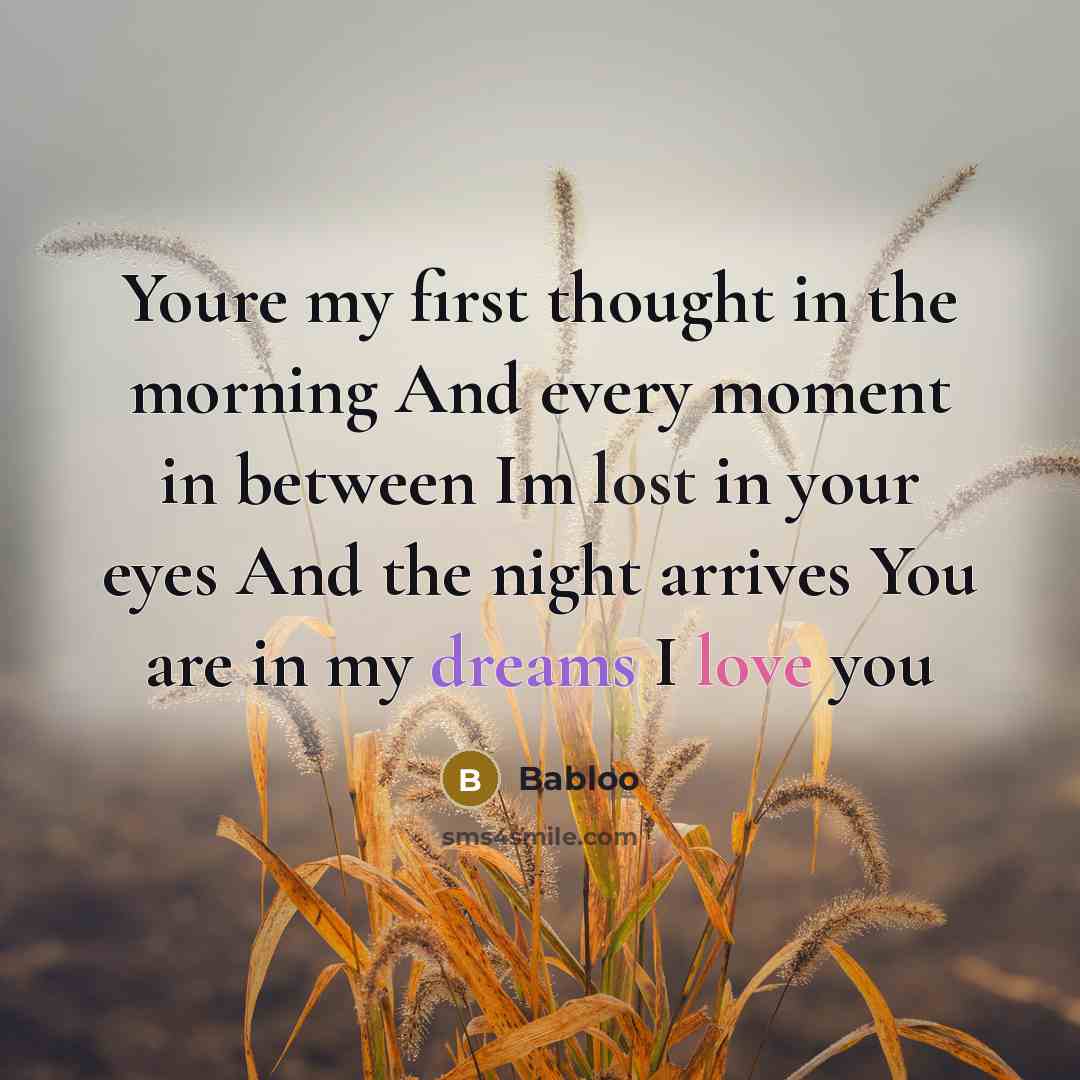 “Youre my first thought in the morning And every moment in between Im lost in your eyes And the night arrives You are in my dreams I love you” quote by Babloo