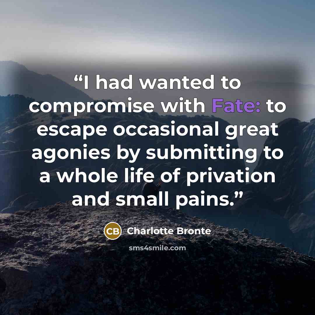 “I had wanted to compromise with Fate: to escape occasional great agonies by submitting to a whole life of privation and small pains.” quote by Charlotte Brontë