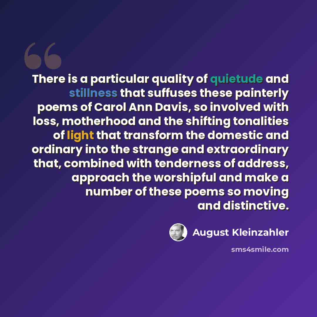 “There is a particular quality of quietude and stillness that suffuses these painterly poems of Carol Ann Davis, so involved with loss, motherhood and the shifting tonalities of light that transform the domestic and ordinary into the strange and extraordinary that, combined with tenderness of…” quote by August Kleinzahler