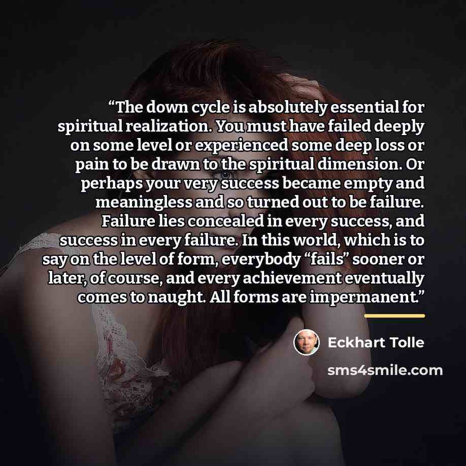 “The down cycle is absolutely essential for spiritual realization. You must have failed deeply on some level or experienced some deep loss or pain to be drawn to the spiritual dimension. Or perhaps your very success became empty and meaningless and so turned out to be failure. Failure lies…” quote by Eckhart Tolle