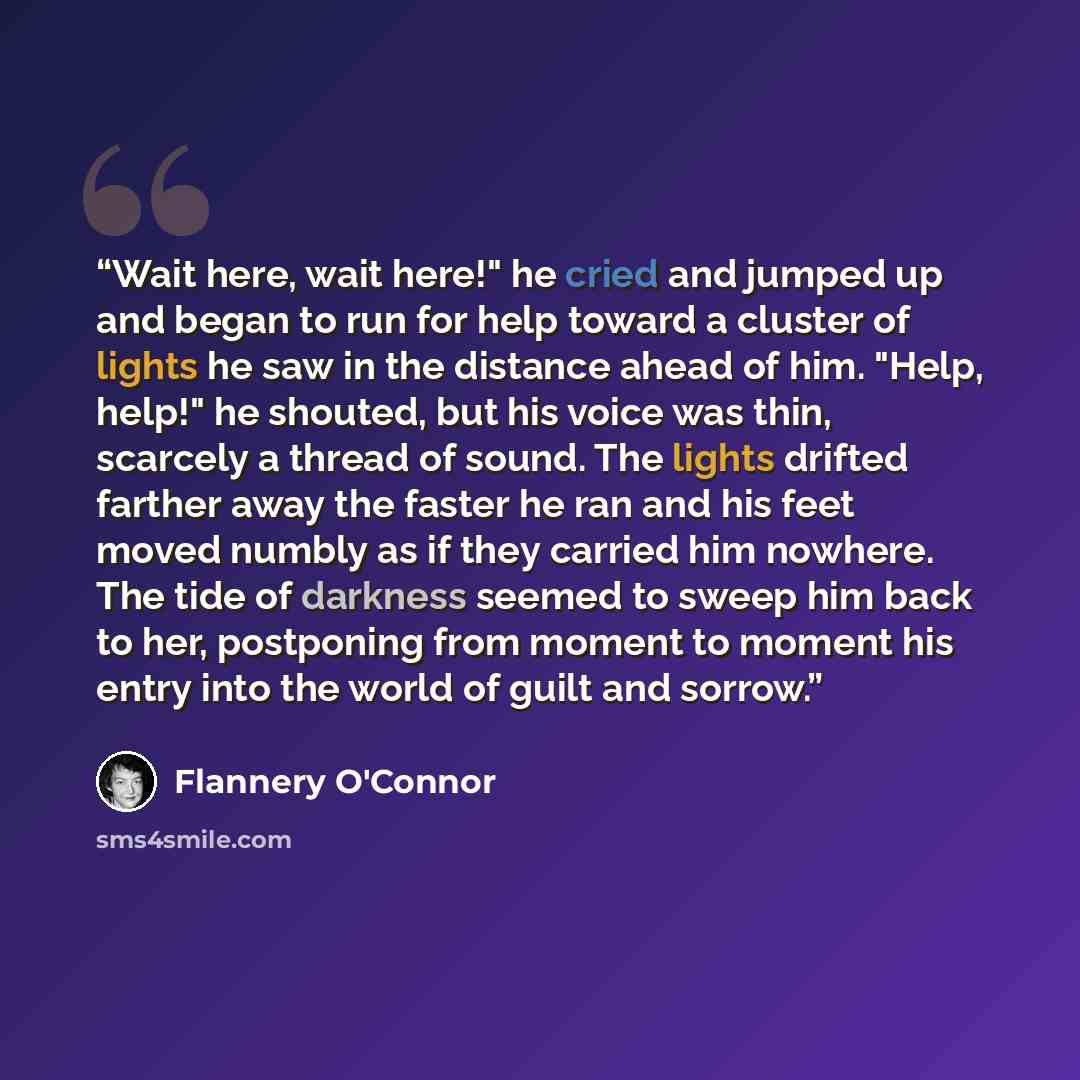 “Wait here, wait here!" he cried and jumped up and began to run for help toward a cluster of lights he saw in the distance ahead of him. "Help, help!" he shouted, but his voice was thin, scarcely a thread of sound. The lights drifted farther away the faster he ran and his feet moved numbly as if…” quote by Flannery O'Connor