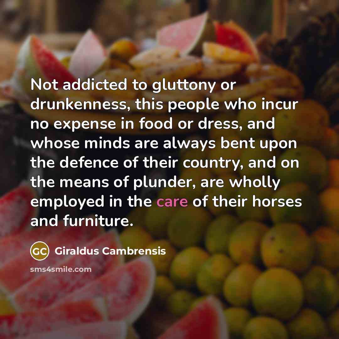 “Not addicted to gluttony or drunkenness, this people who incur no expense in food or dress, and whose minds are always bent upon the defence of their country, and on the means of plunder, are wholly employed in the care of their horses and furniture.” quote by Giraldus Cambrensis