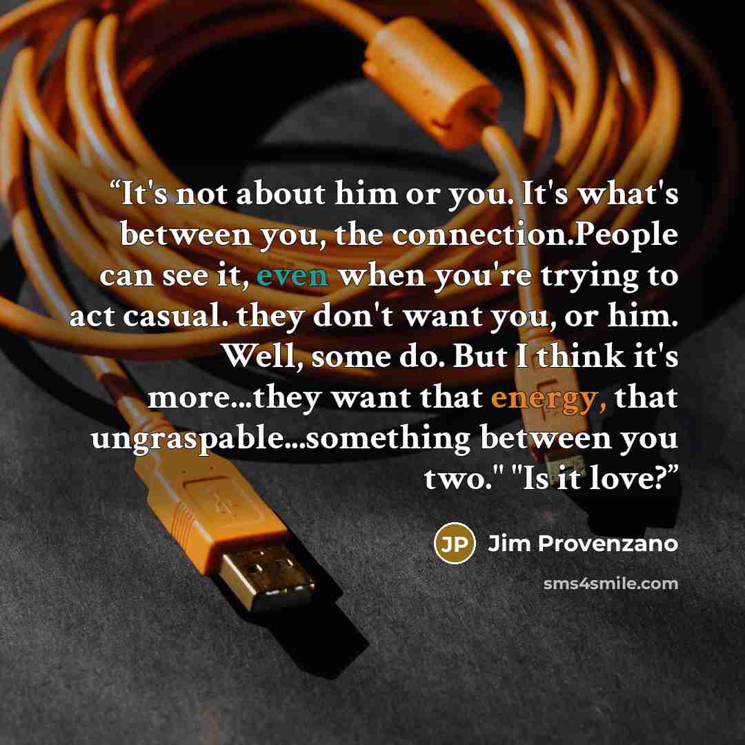 “It's not about him or you. It's what's between you, the connection.People can see it, even when you're trying to act casual. they don't want you, or him. Well, some do. But I think it's more...they want that energy, that ungraspable...something between you two." "Is it love?” quote by Jim Provenzano