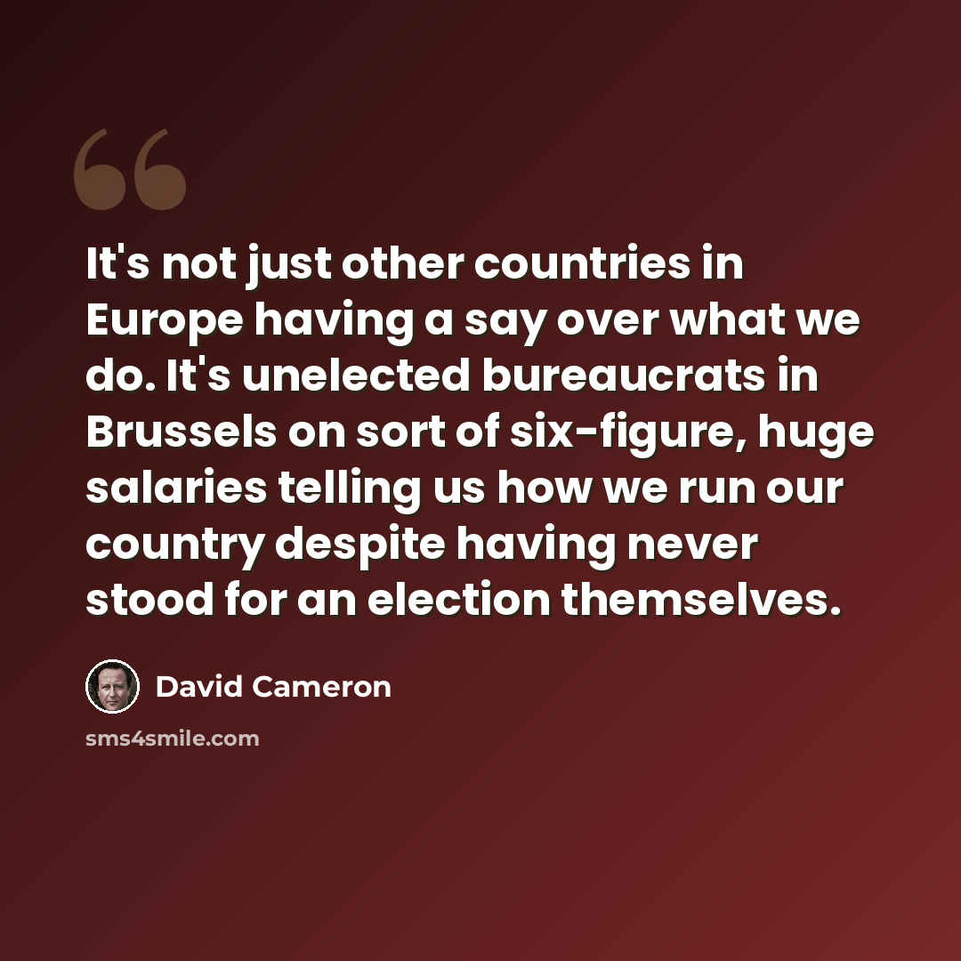 “It's not just other countries in Europe having a say over what we do. It's unelected bureaucrats in Brussels on sort of six-figure, huge salaries telling us how we run our country despite having never stood for an election themselves.” quote by David Cameron