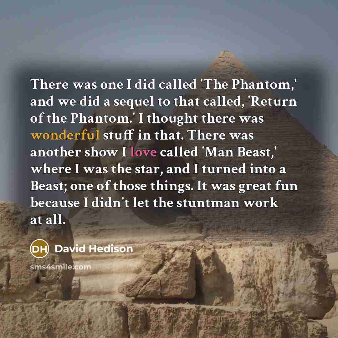 “There was one I did called 'The Phantom,' and we did a sequel to that called, 'Return of the Phantom.' I thought there was wonderful stuff in that. There was another show I love called 'Man Beast,' where I was the star, and I turned into a Beast; one of those things. It was great fun because I…” quote by David Hedison
