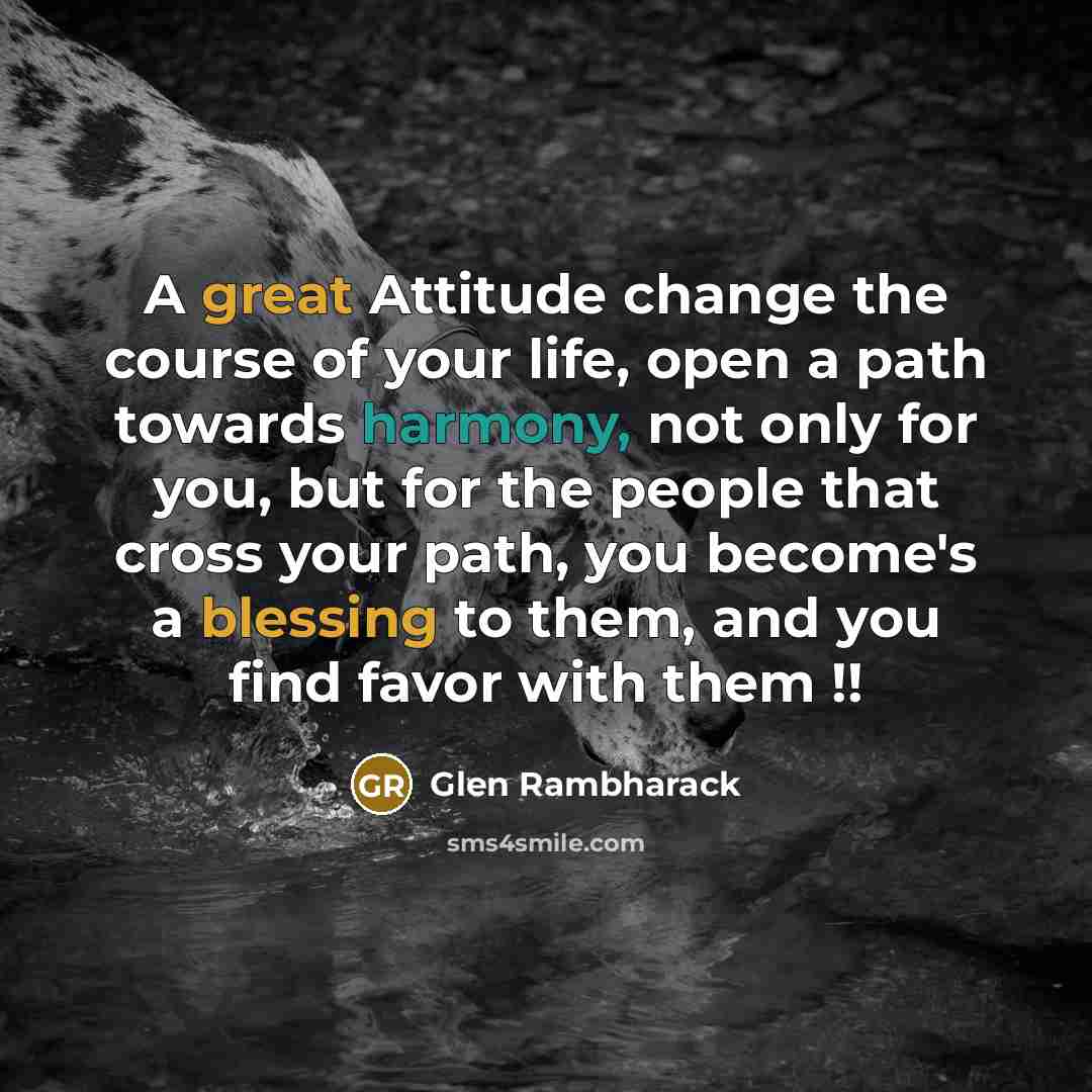 “A great Attitude change the course of your life, open a path towards harmony, not only for you, but for the people that cross your path, you become's a blessing to them, and you find favor with them !!” quote by Glen Rambharack