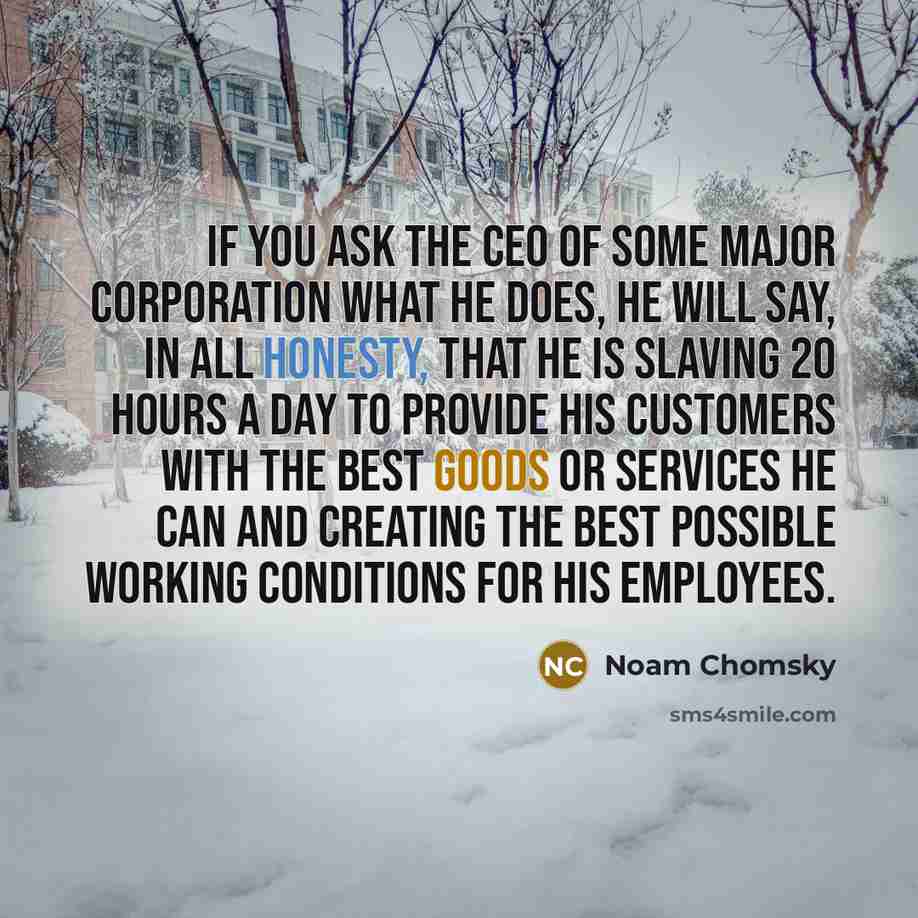 “If you ask the CEO of some major corporation what he does, he will say, in all honesty, that he is slaving 20 hours a day to provide his customers with the best goods or services he can and creating the best possible working conditions for his employees.” quote by Noam Chomsky