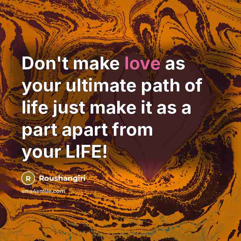 “Don't make love as your ultimate path of life just make it as a part apart from your LIFE!” quote by Roushangiri