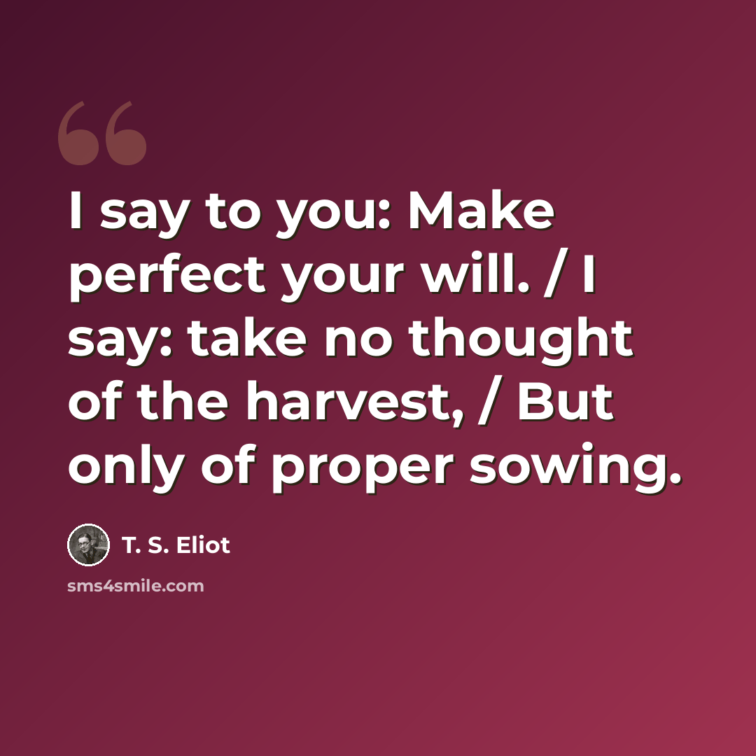 “I say to you: Make perfect your will. / I say: take no thought of the harvest, / But only of proper sowing.” quote by T. S. Eliot