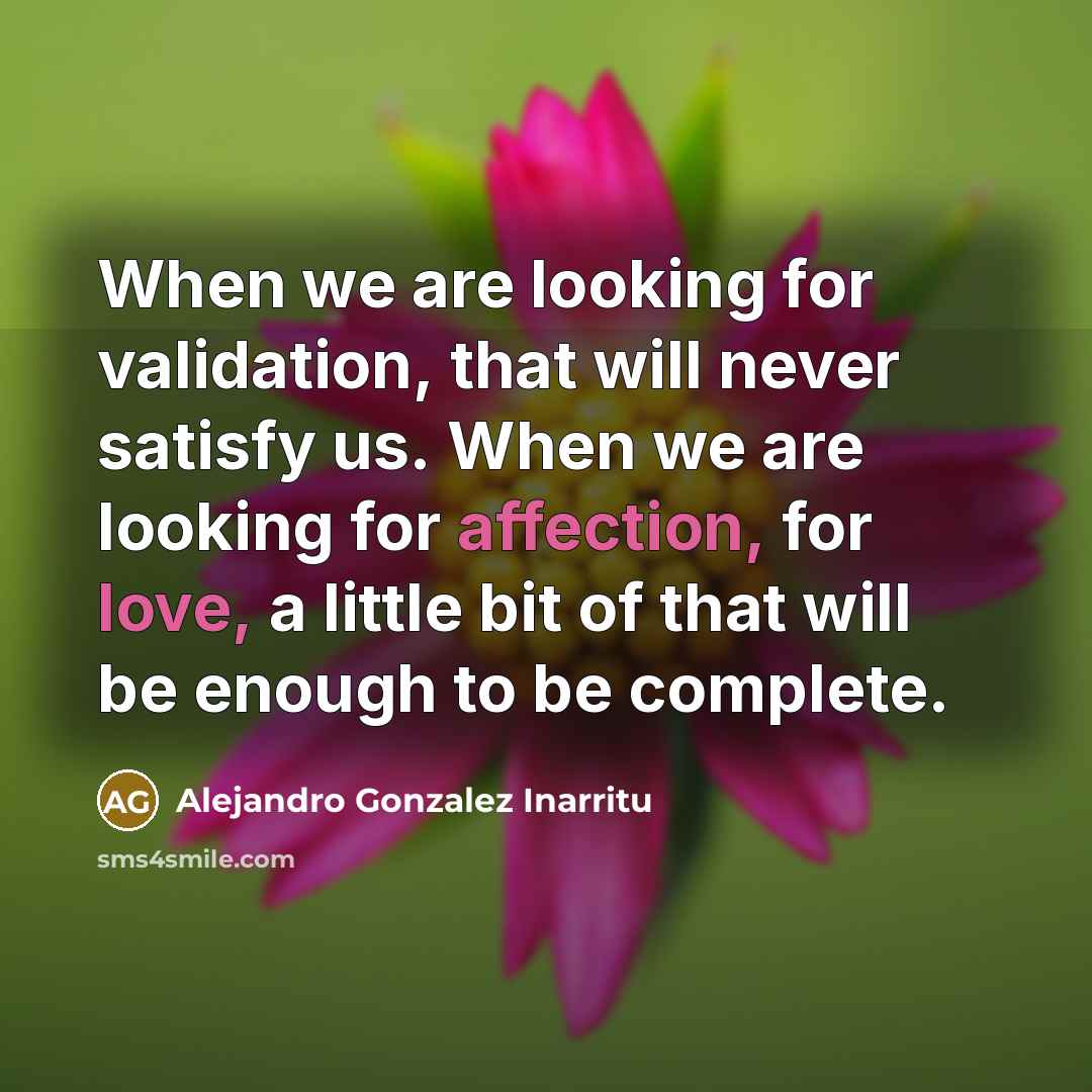 “When we are looking for validation, that will never satisfy us. When we are looking for affection, for love, a little bit of that will be enough to be complete.” quote by Alejandro Gonzalez Inarritu