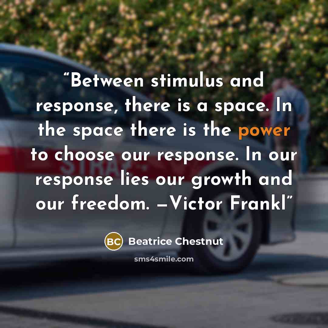 “Between stimulus and response, there is a space. In the space there is the power to choose our response. In our response lies our growth and our freedom. —Victor Frankl” quote by Beatrice Chestnut