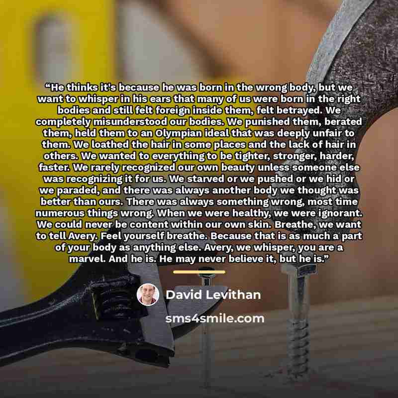“He thinks it's because he was born in the wrong body, but we want to whisper in his ears that many of us were born in the right bodies and still felt foreign inside them, felt betrayed. We completely misunderstood our bodies. We punished them, berated them, held them to an Olympian ideal that was…” quote by David Levithan