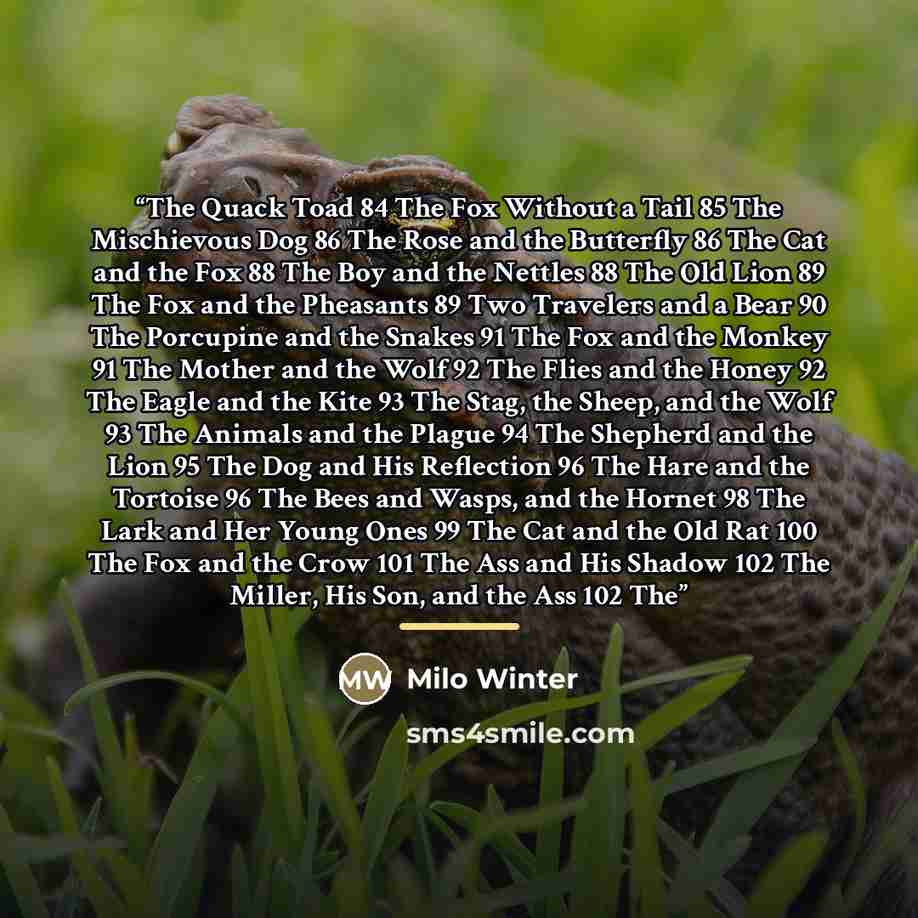 “The Quack Toad 84 The Fox Without a Tail 85 The Mischievous Dog 86 The Rose and the Butterfly 86 The Cat and the Fox 88 The Boy and the Nettles 88 The Old Lion 89 The Fox and the Pheasants 89 Two Travelers and a Bear 90 The Porcupine and the Snakes 91 The Fox and the Monkey 91 The Mother and the…” quote by Milo Winter